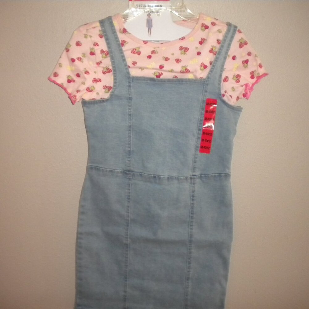 Steve Madden Girls Medium Light Blue Denim Strawberry Top 2 Piece Dress Set NWT